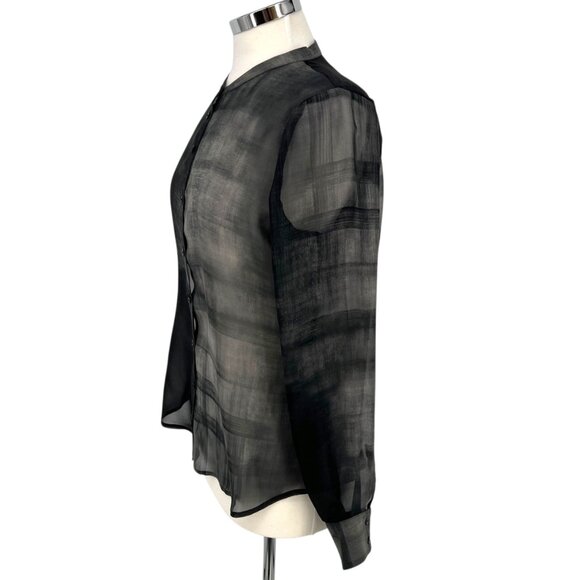 Eileen Fisher Sheer Printed Black Silk Button-Up Blouse Size Small - Picture 5 of 12